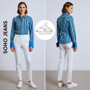 SOHO Jeans Blue Stripes Florals Cotton Blend LS Ladies ButtonUp Shirt Jr.SzL NWT
